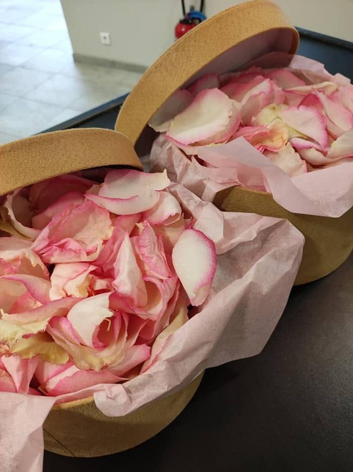 Boîtes de pétales de roses roses pour la cérémonie