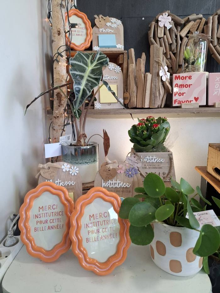 Cadres et plaques en bois « Merci Institutrice » avec plantes